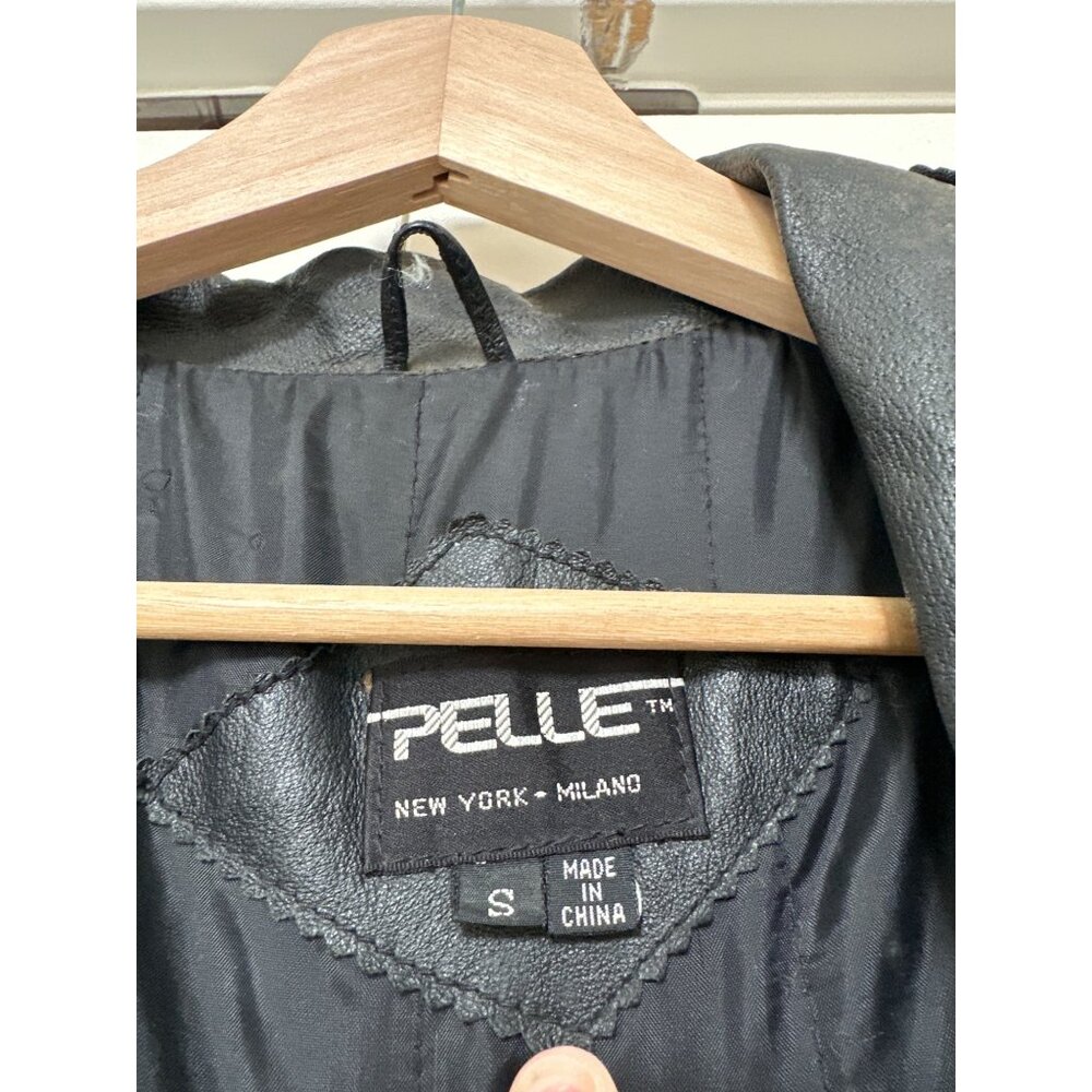 Vtg Pelle Leather Trench Coat Women Small 80s Long Embossed Mobwife Shoulder Pad - Picture 7 of 11